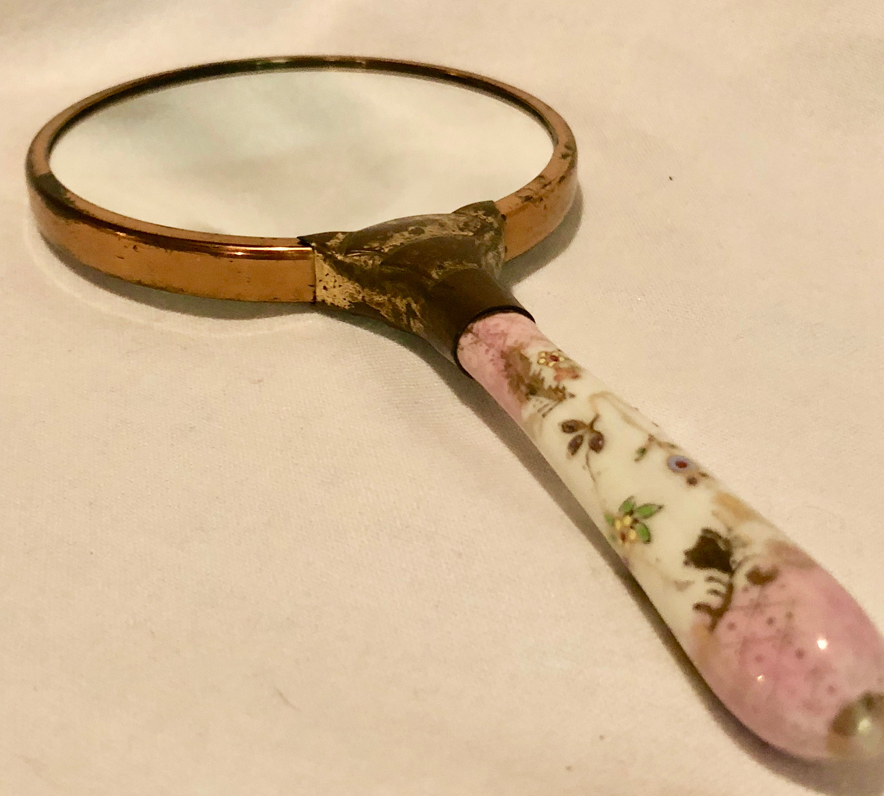 Vintage Handheld Doublesided Mirror with Porcelain Pink/White Floral Handle