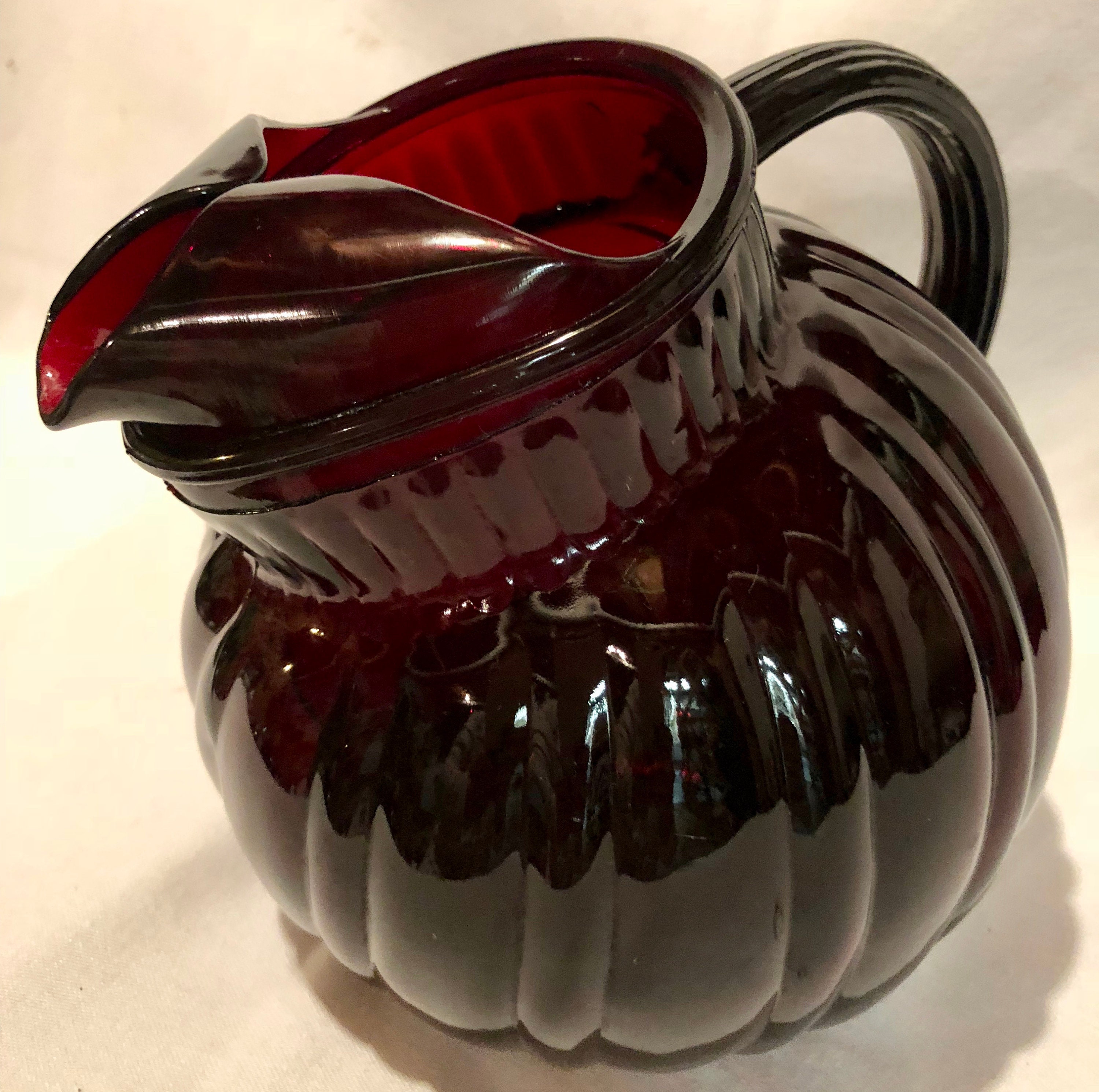 Antique Depression Glass Ruby Red Water/Juice Pitcher with Ribbed