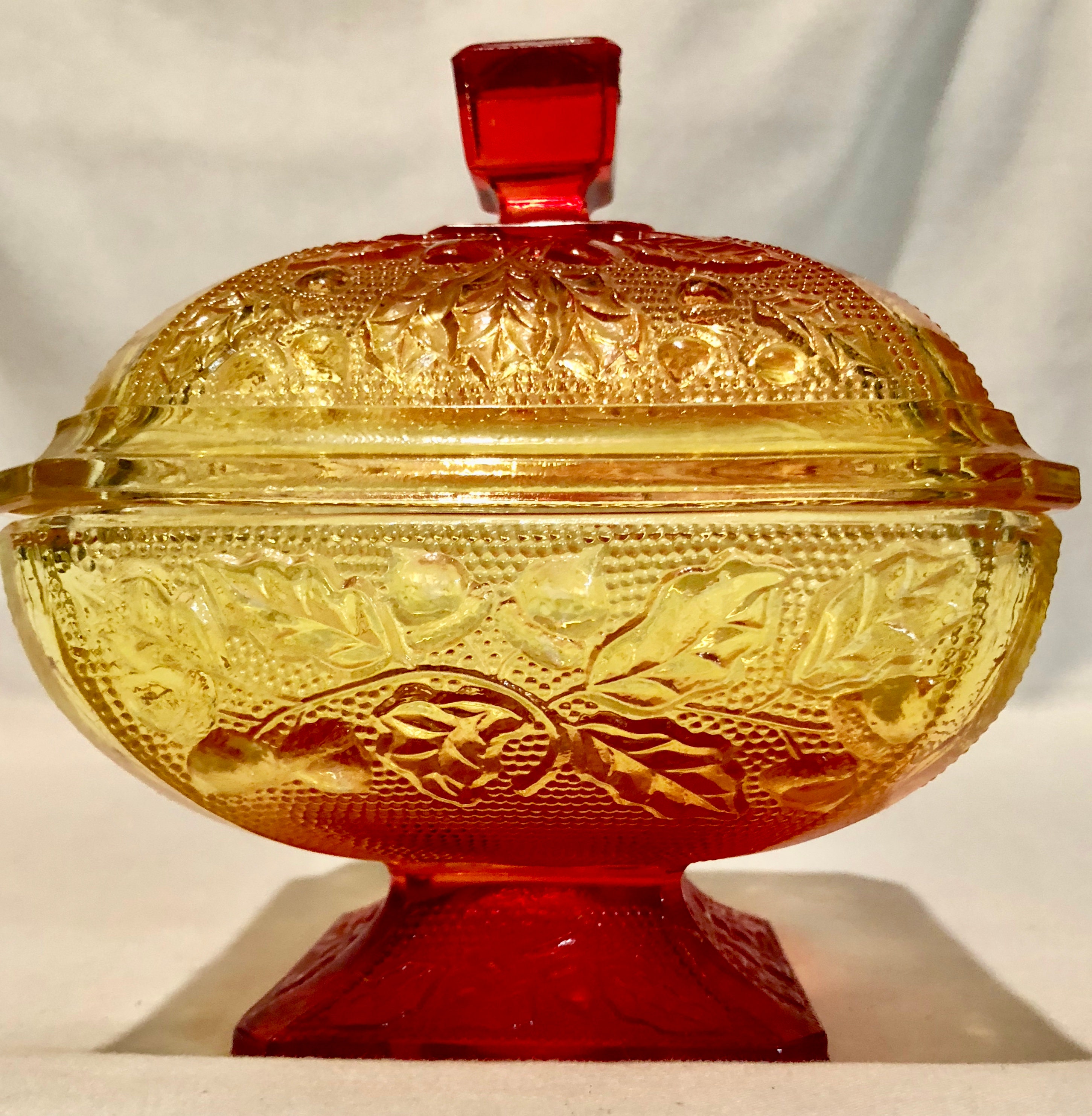 Download Vintage Amberina Square Shaped Depression Glass Footed/Lidded Dish with Acorn and Leaf Pattern