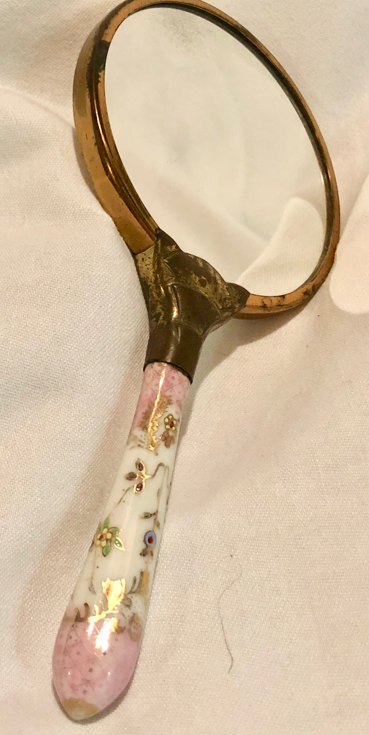 Vintage Handheld Doublesided Mirror with Porcelain Pink/White Floral Handle