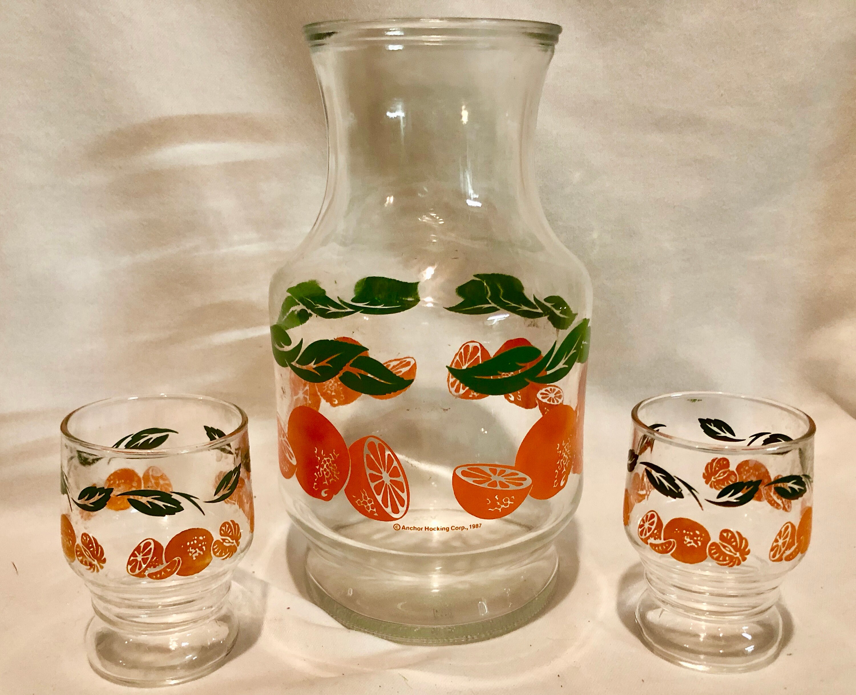 Anchor Hocking Glass Orange Juice Carafe and Two Glasses