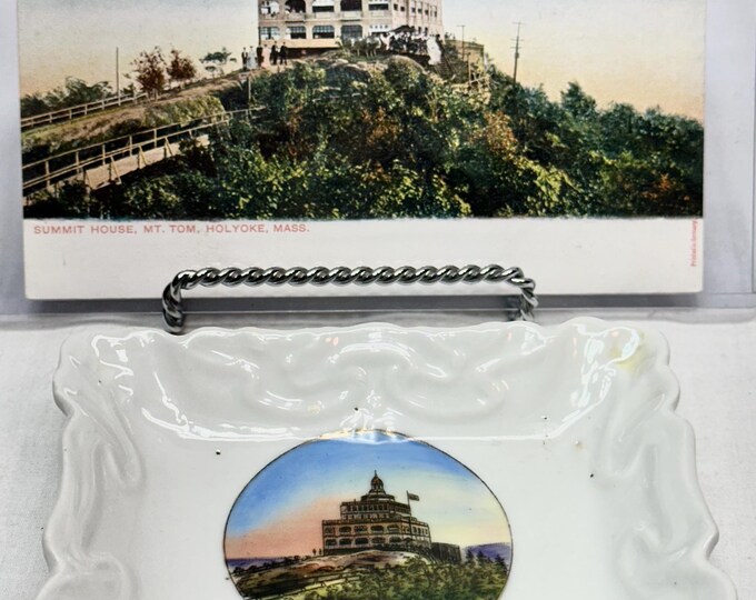 Vintage Mt Tom, Summit House,Holyoke Mass, Post Card and Souvenir Porcelain Dish Set, Circa 1897