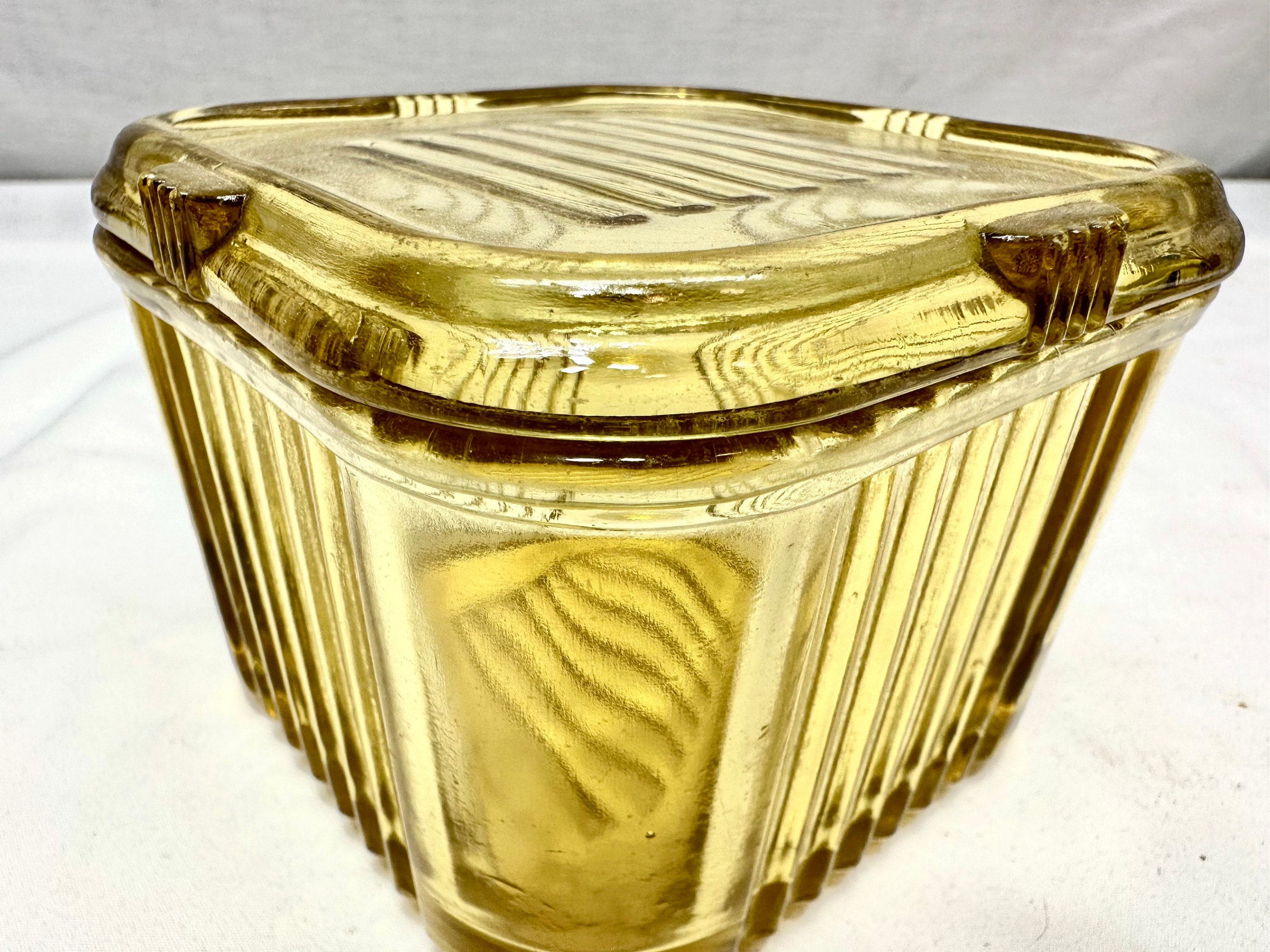 Vintage Square Yellow Ribbed Glass Refrigerator Container with Lid
