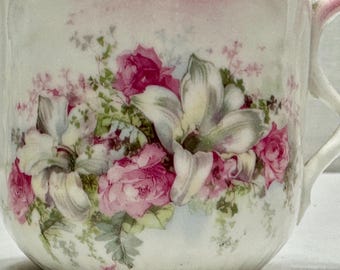 Antique Porcelain Mustache Beverage Cup/Mug with White Daylilies and Pink Roses