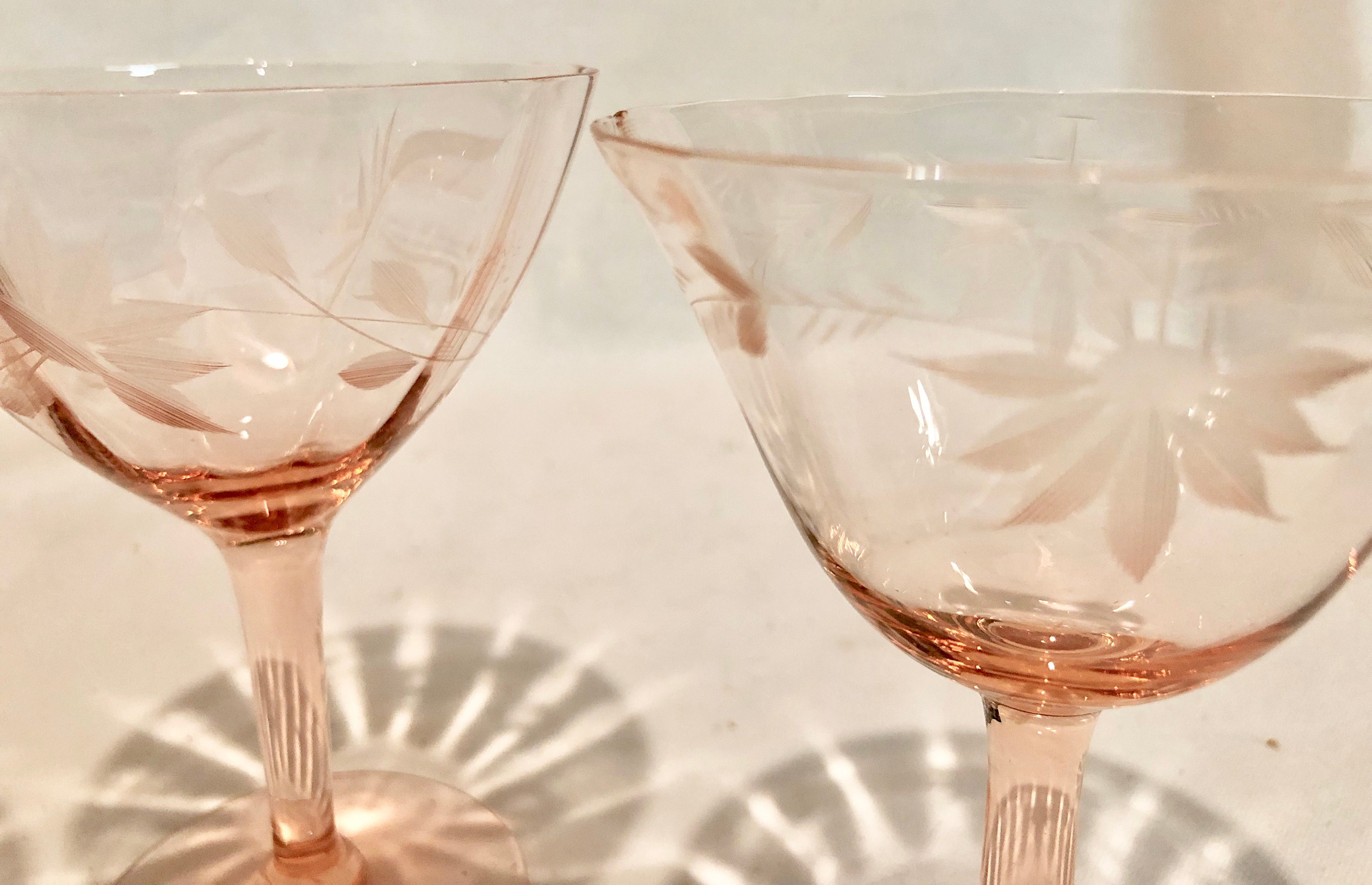 Vintage Blush Pink Floral Etched Depression Glass Wine/Cocktail Glasses