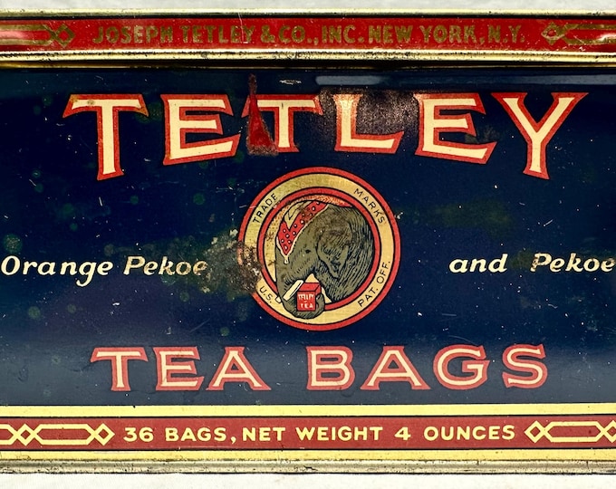 Vintage Tetley Tea Bag Orange Pekoe Advertising Tin, Joseph Tetley, New York
