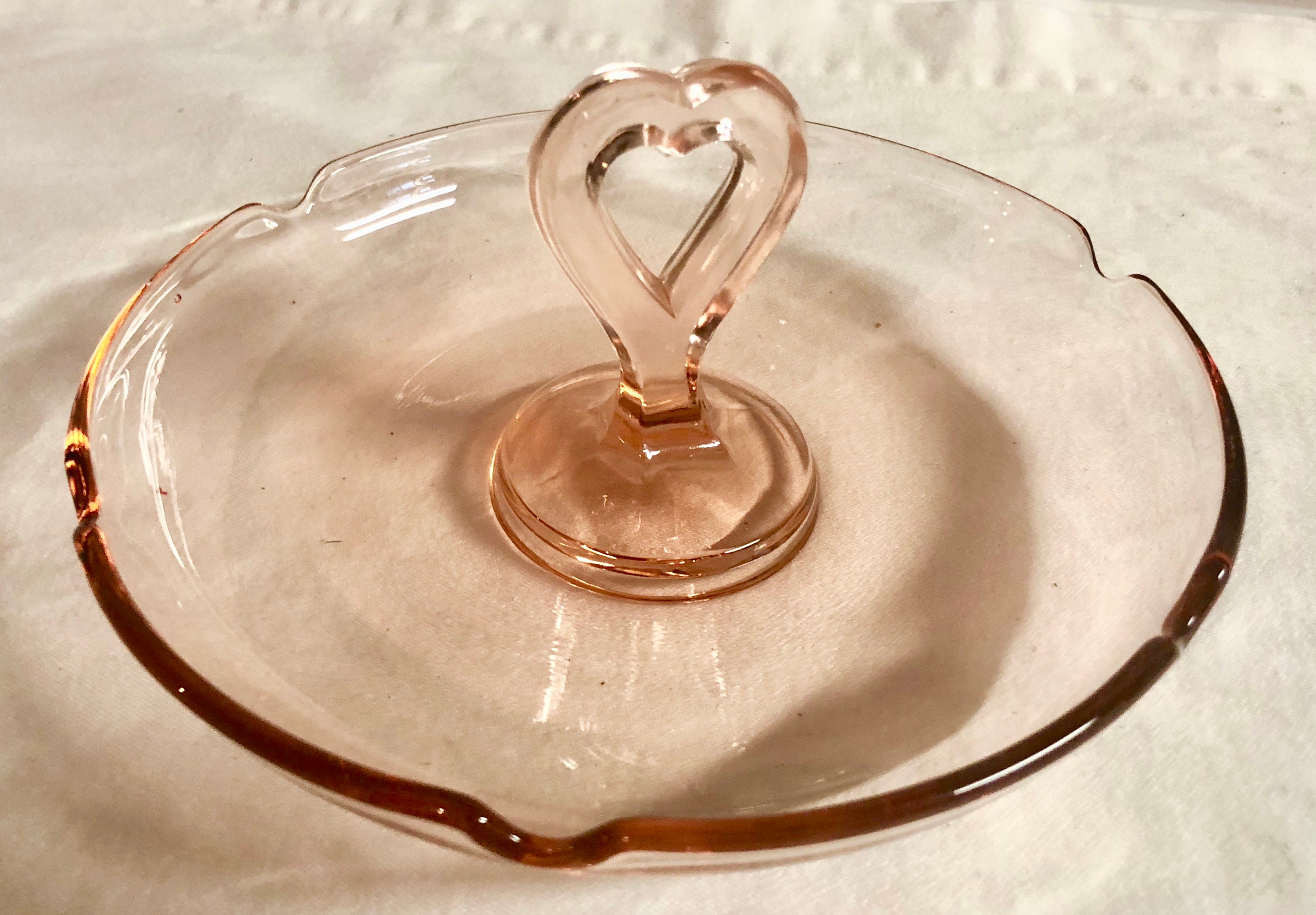 Antique Blush Pink Depression Glass Ashtray with Heart Shaped Handle