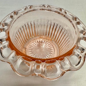 Vintage Blush Pink Depression Glass Candy/Compote’Old Colony’ ‘Lace Edge’ Pattern,Anchor Hocking Glass Co,Circa 1935-1938
