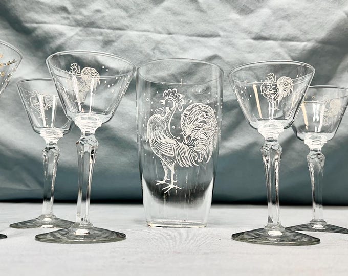 Vintage Clear Glass Rooster Cocktail Mixer/Server with Six Aperitif/Cocktail Glasses, Libby Glass Co