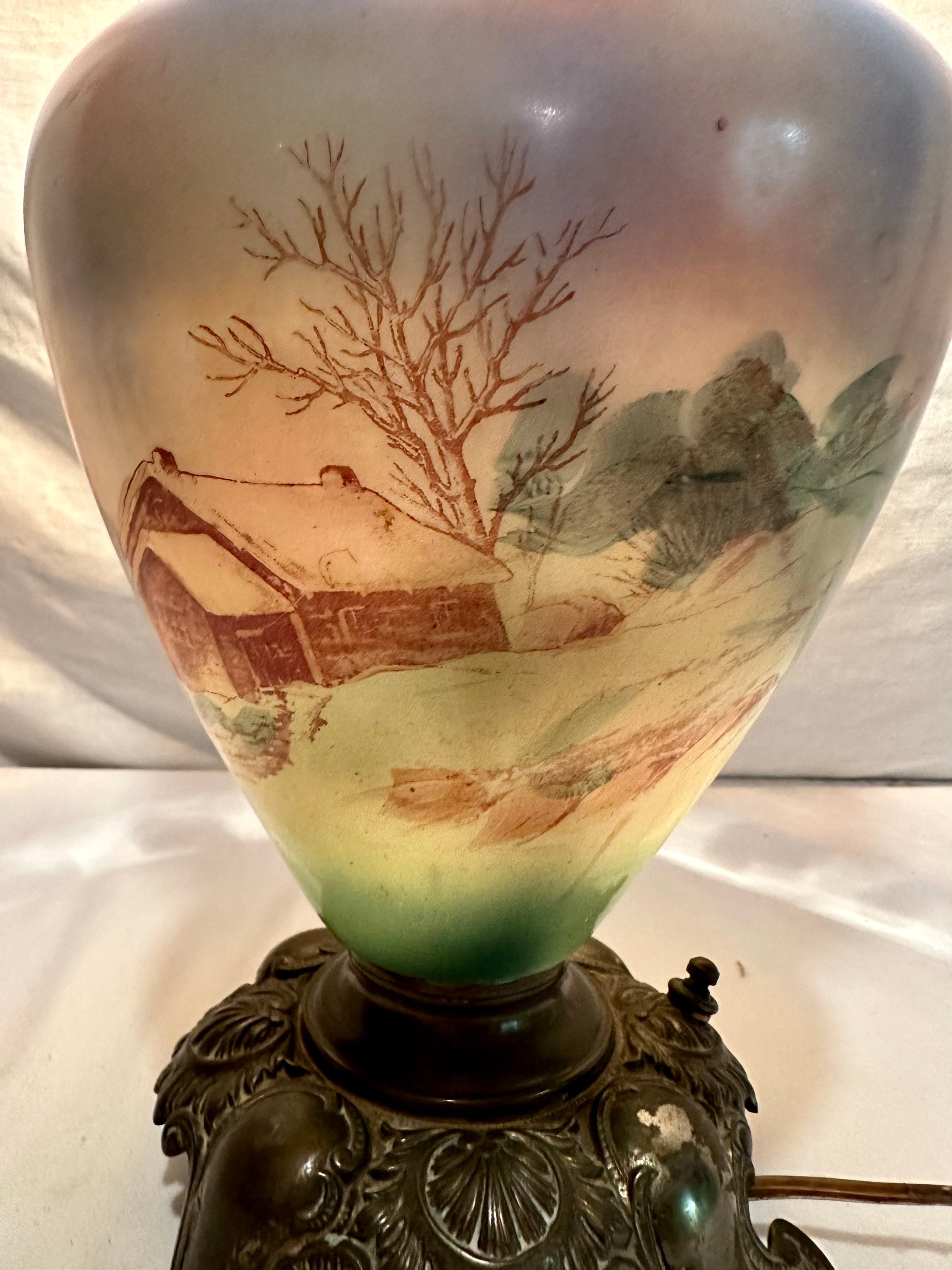 Vintage Pink/White Swirl Glass Globe Electric Two way Gone With the Wind Table Lamp with Hand