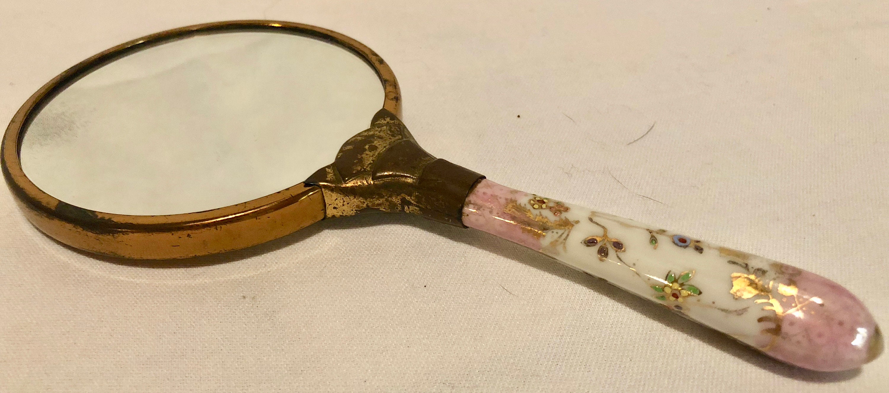 Vintage Handheld Doublesided Mirror with Porcelain Pink/White Floral Handle