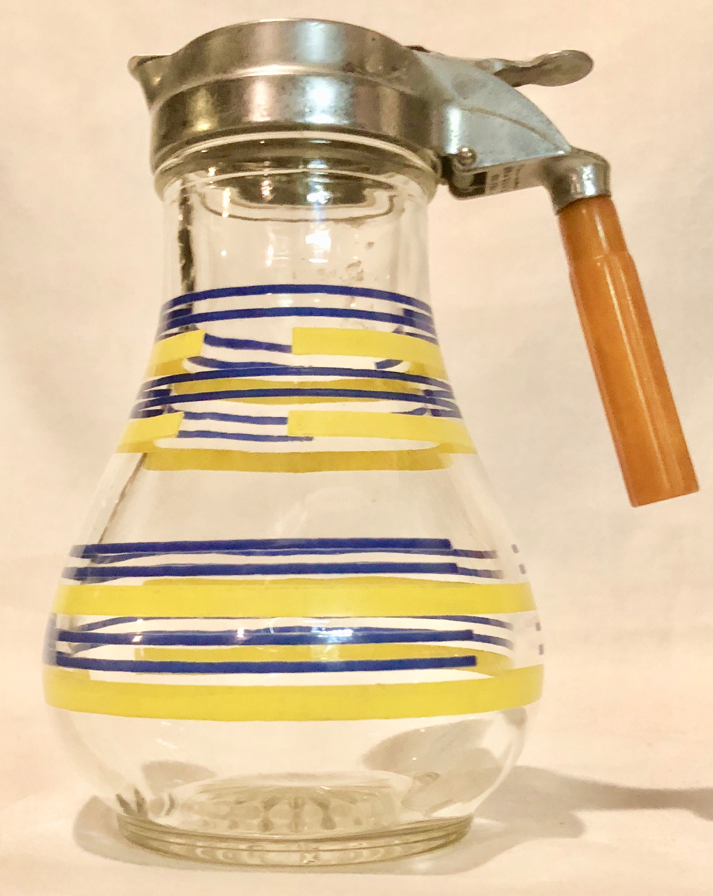 Vintage Midcentury Blue and Yellow Striped Glass Syrup Dispenser with