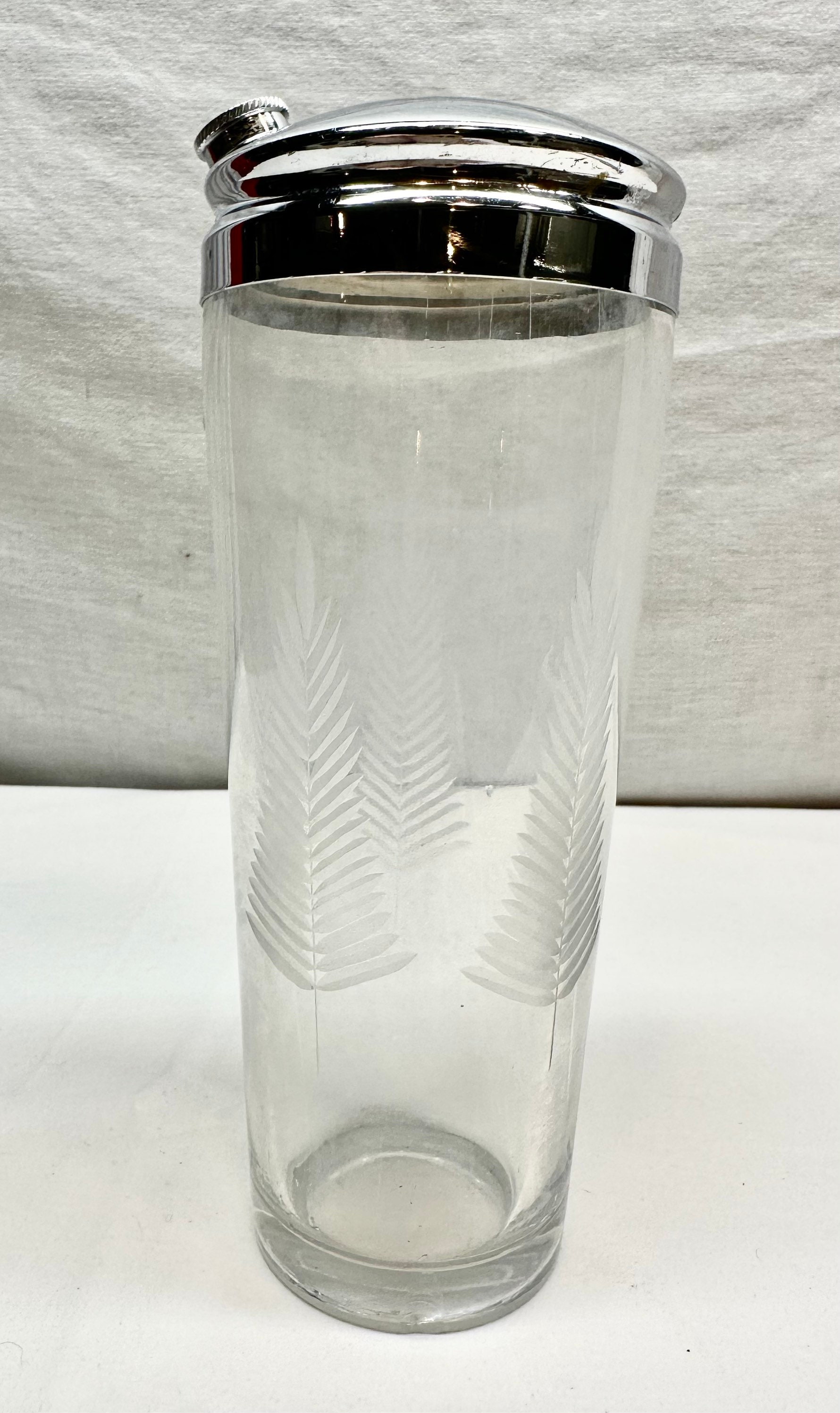 Vintage Clear Etched Glass Cocktail Shaker with Silver Lid