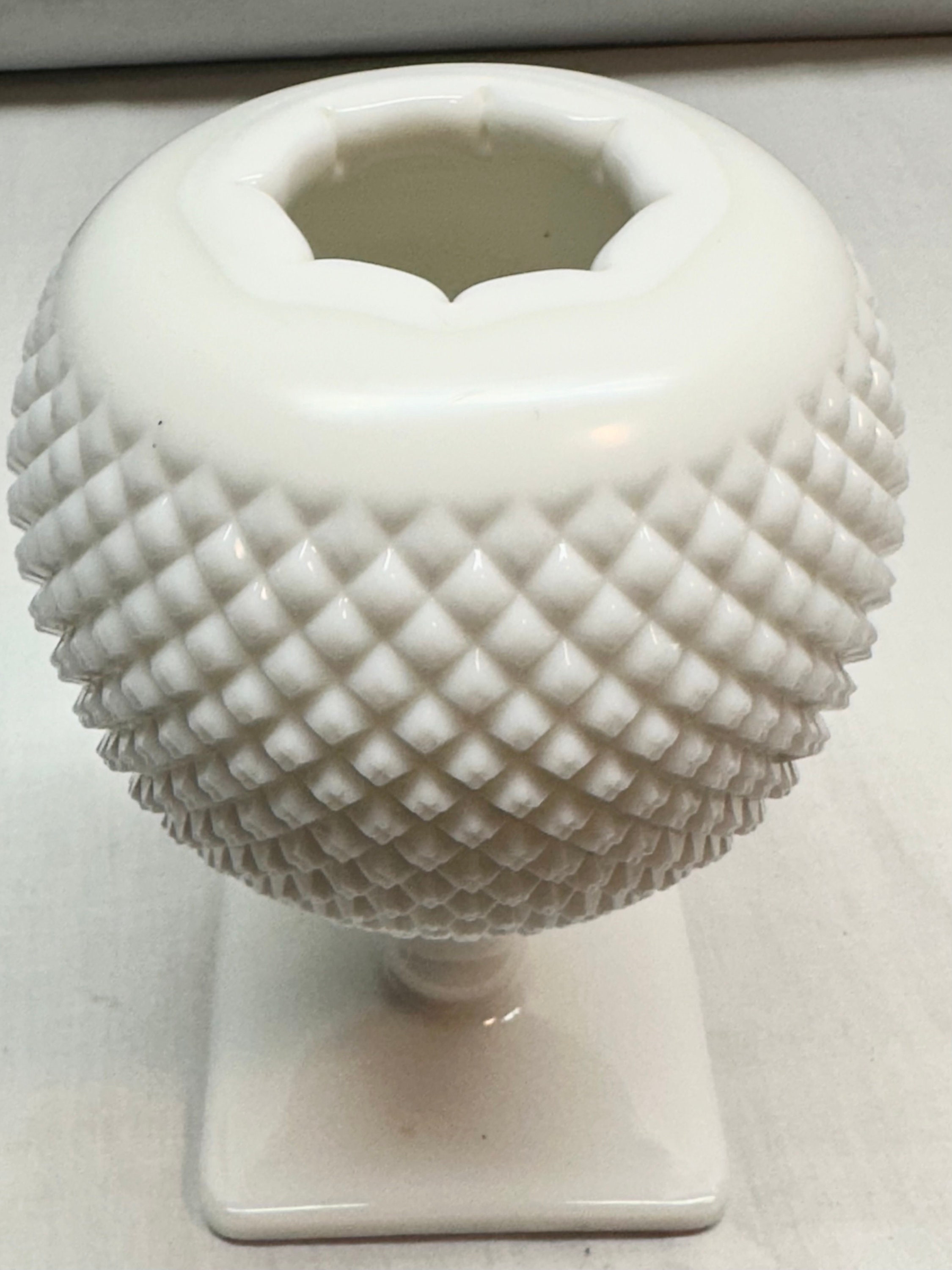 Vintage White Milk Glass Diamond Pattern Round Ball Pedestal Vase