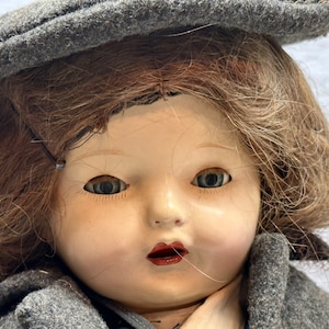 Vintage 18” Brown Hair Doll, Blinking Eyes, Hard Cloth Body, Stand Included
