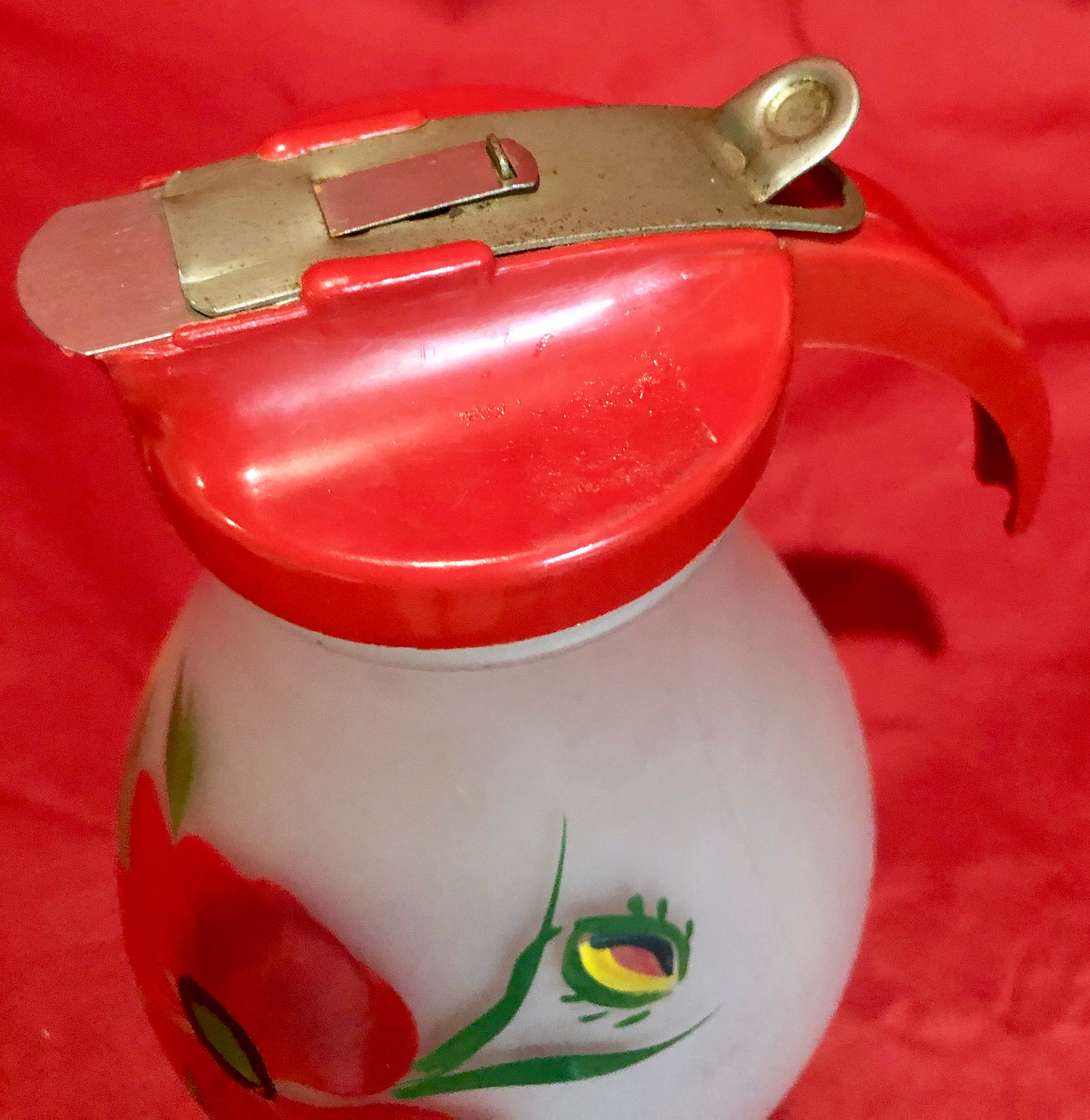 Vintage Large White Frosted Glass Syrup Dispenser/Pitcher,Hand Painted