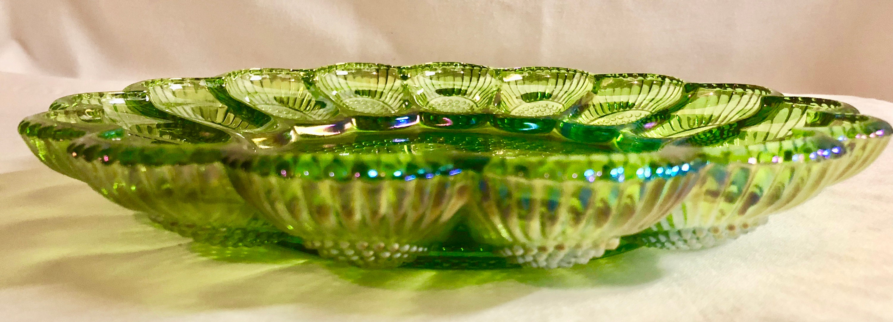 Antique Green Iridescent Hobnail Carnival Glass Deviled Egg/Oyster