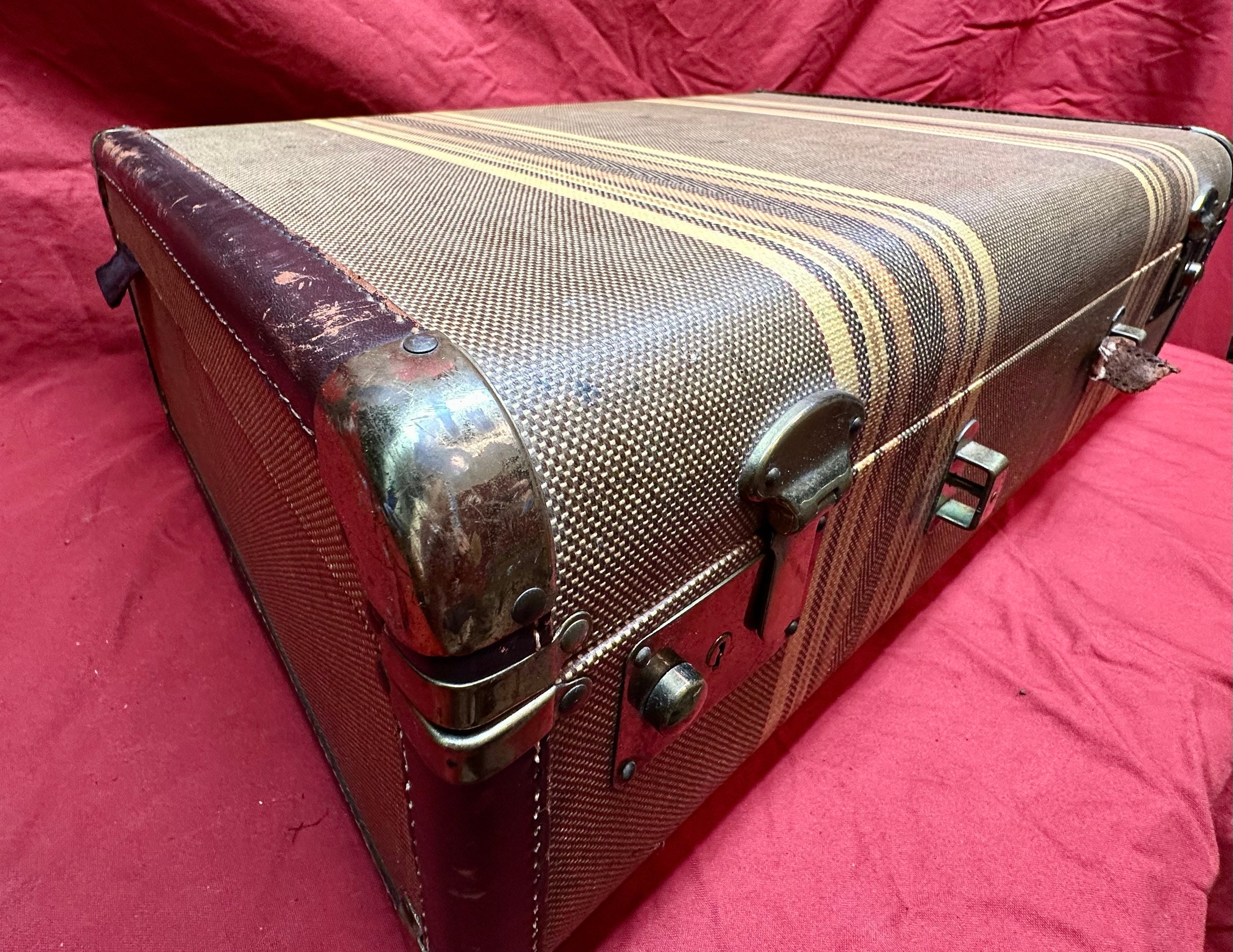 Vintage Hardcover SuitcaseBrown and Tan Tweed Striped Pattern,Brass