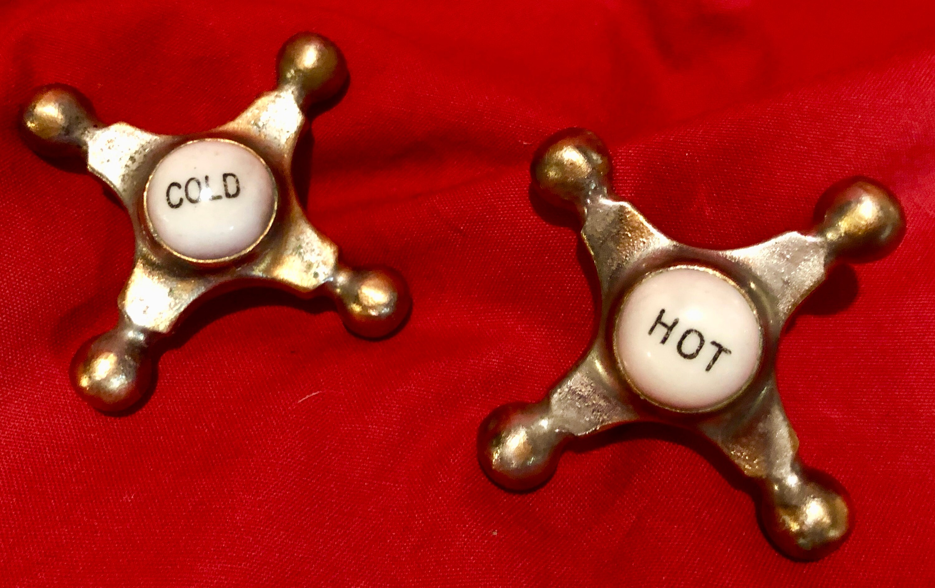 Vintage Brass Hot/Cold Faucet Handles with White Porcelain Buttons