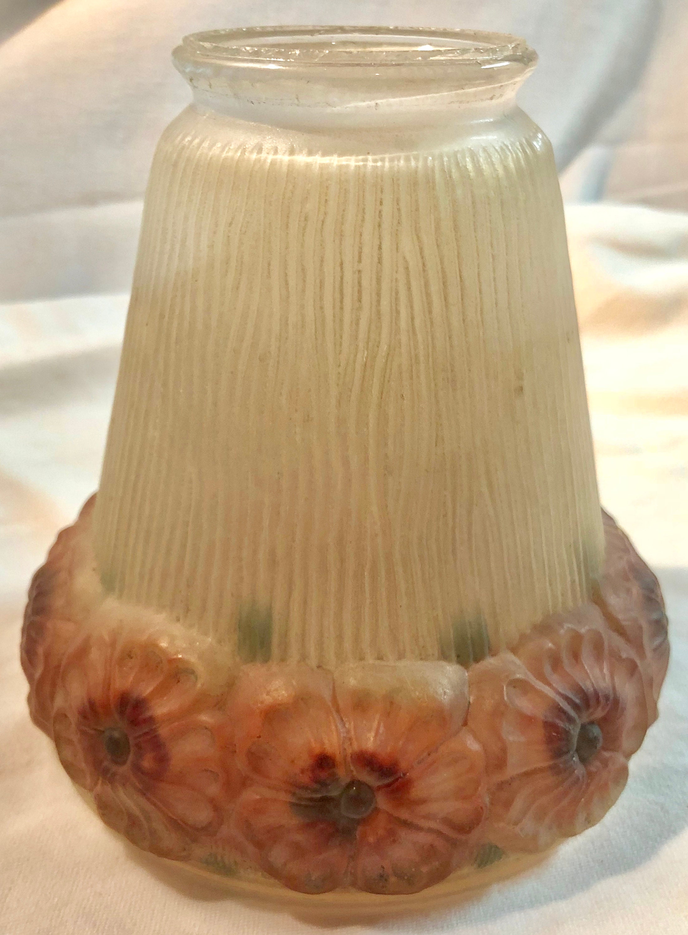 Antique Victorian Frosted White Glass Lamp Shade with Hand Painted Rose Pink Flowers