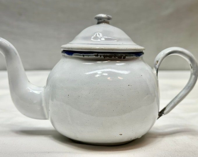 Vintage White and Blue Enamelware Teapot,Libertas Prussia