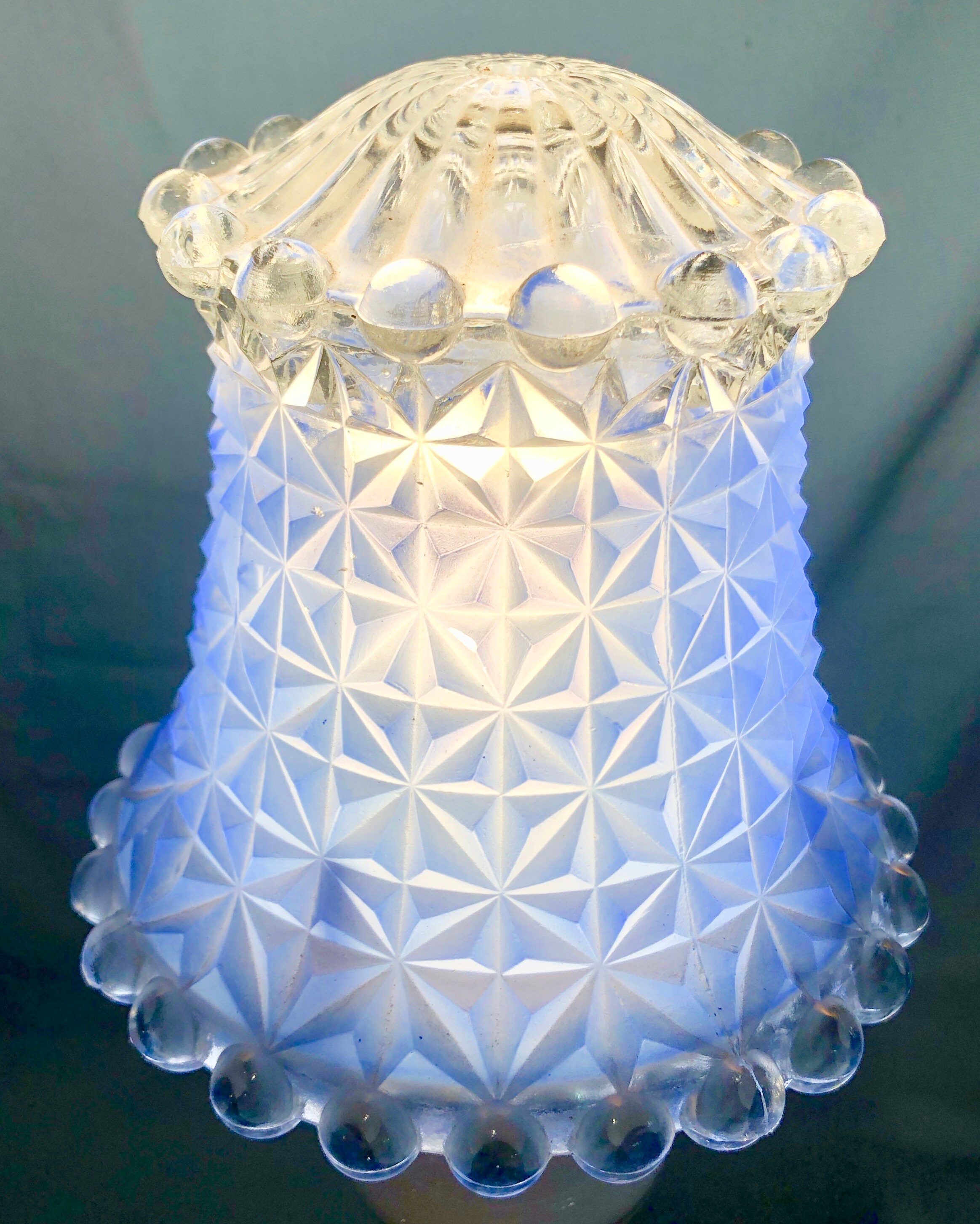 Vintage Diamond and Hobnail Pattern Blue & Clear Cut Glass Lamp Shades