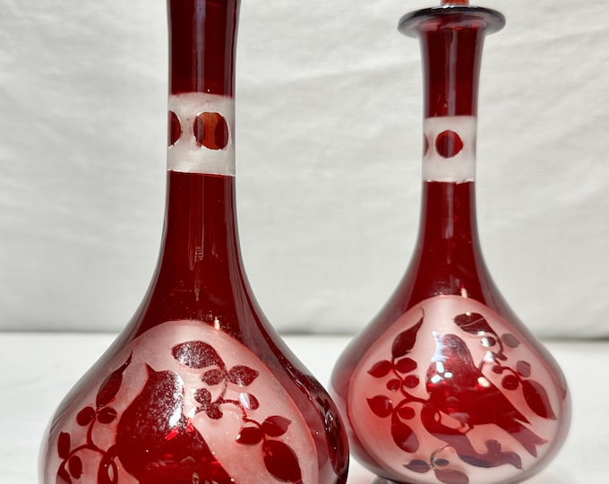 Vintage Etched Red Glass Cruet Set