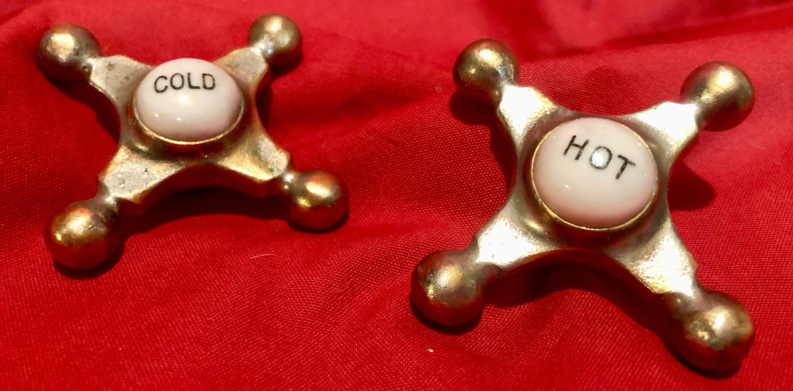 Vintage Brass Hot/Cold Faucet Handles with White Porcelain Buttons