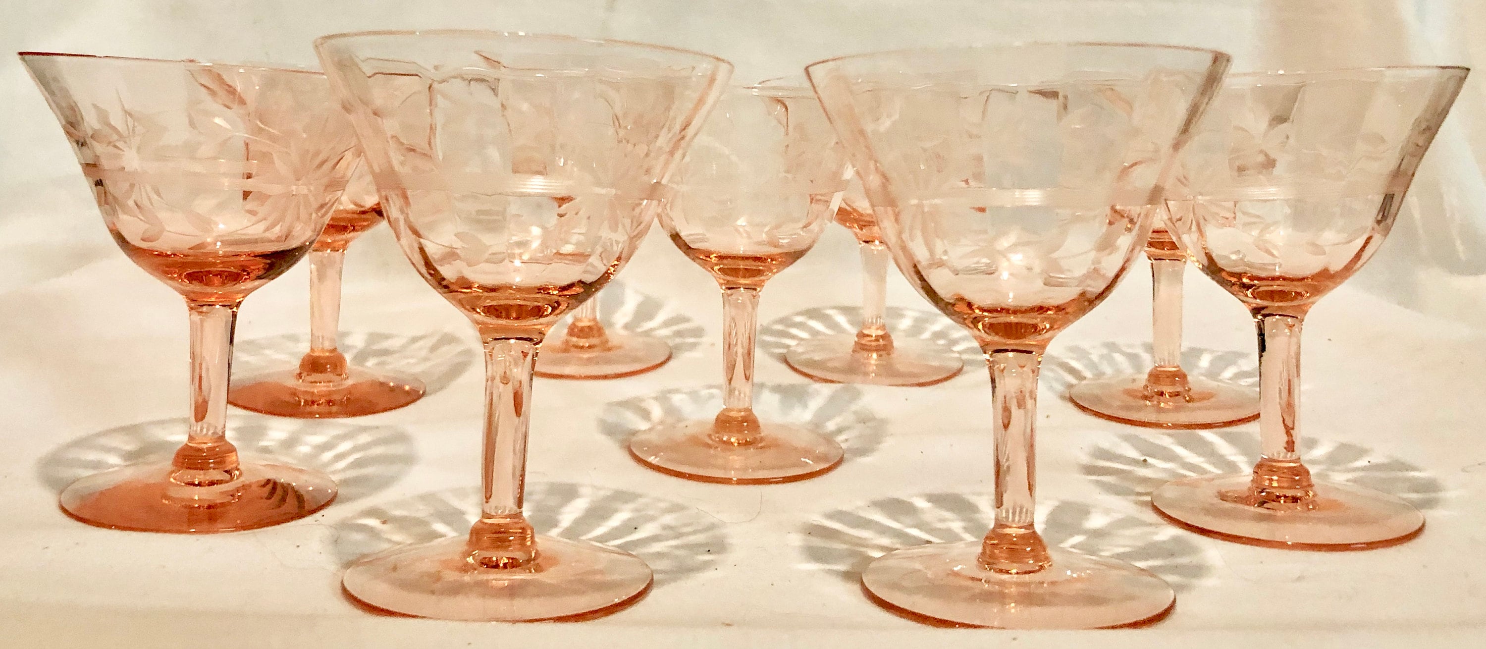 Pink Etched Floral Fluted Wine Glass, Set of 8