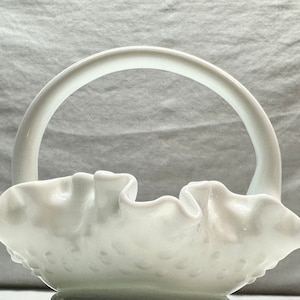 Vintage Fenton White Milk Glass Ruffled Candy Dish with Handle