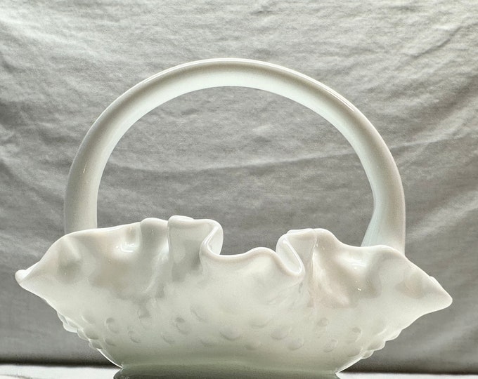 Vintage Fenton White Milk Glass Ruffled Candy Dish with Handle