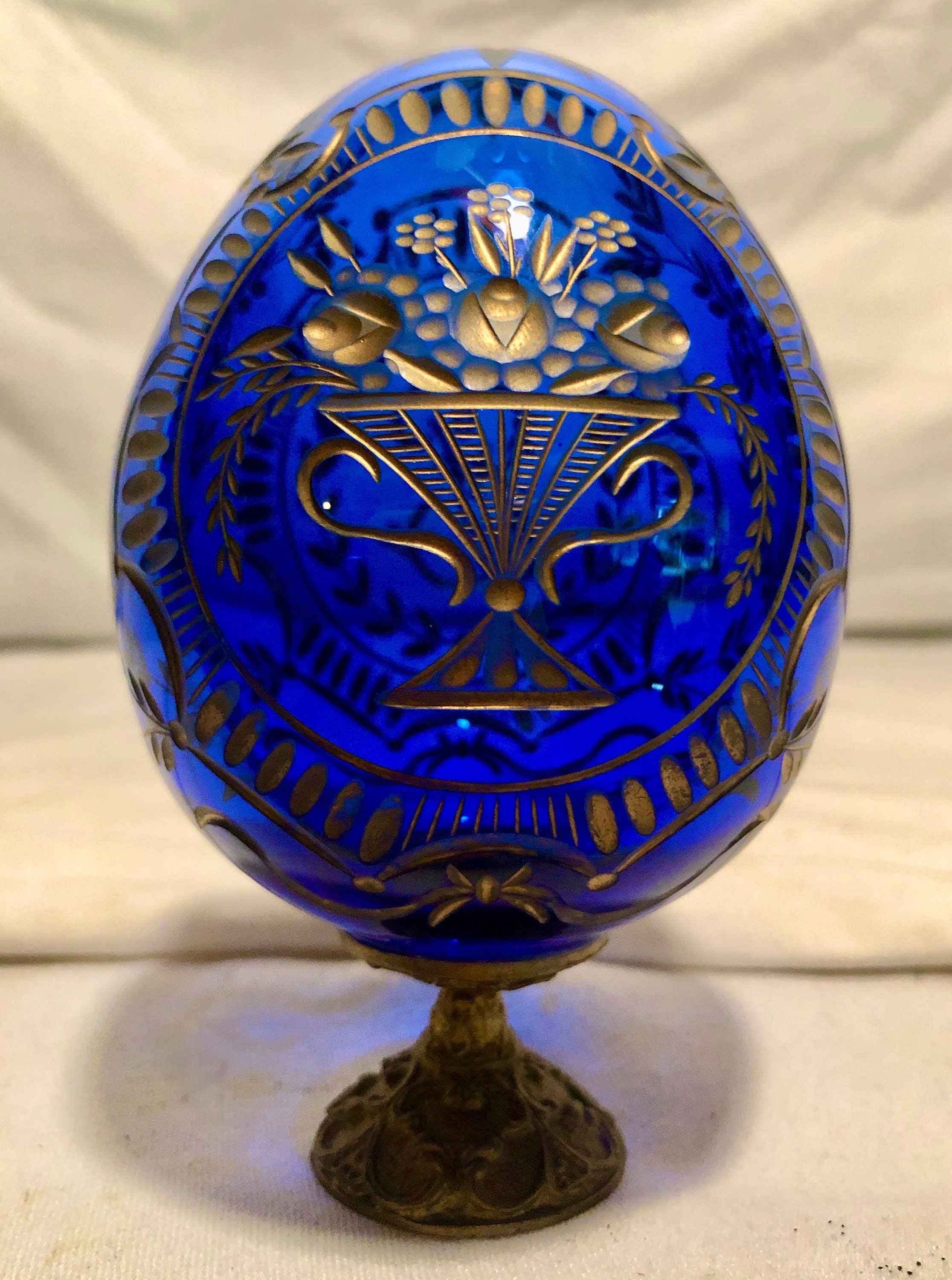 Vintage Russian Faberge Style Cobalt Blue Cut Glass & Gold Embossed Souvenir Egg with Basket of