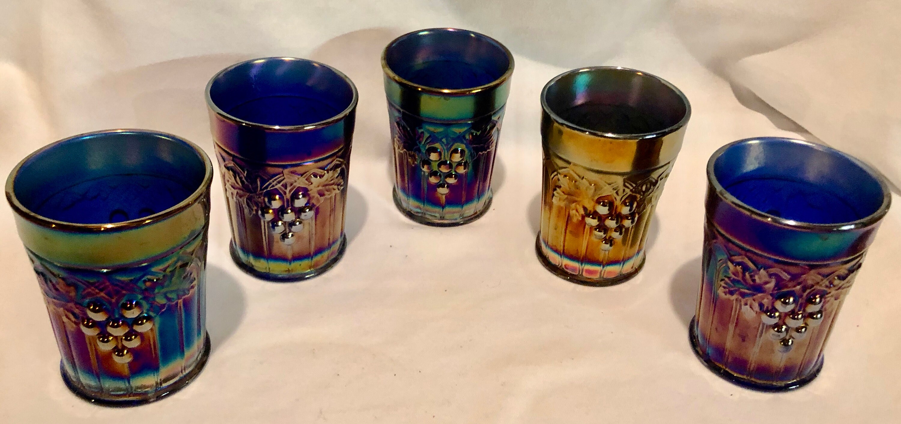 Antique Northwood Cobalt Blue Iridescent Carnival Glass TumblersGrapes