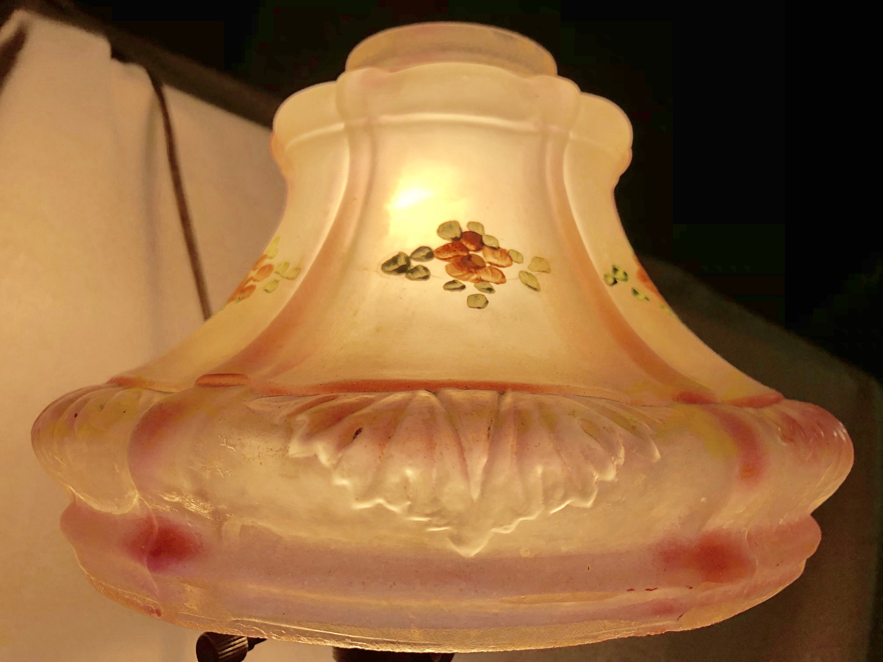 Antique Victorian Bell Shaped Frosted Glass Lamp Shade With Delicate Hand Painted Flowers And