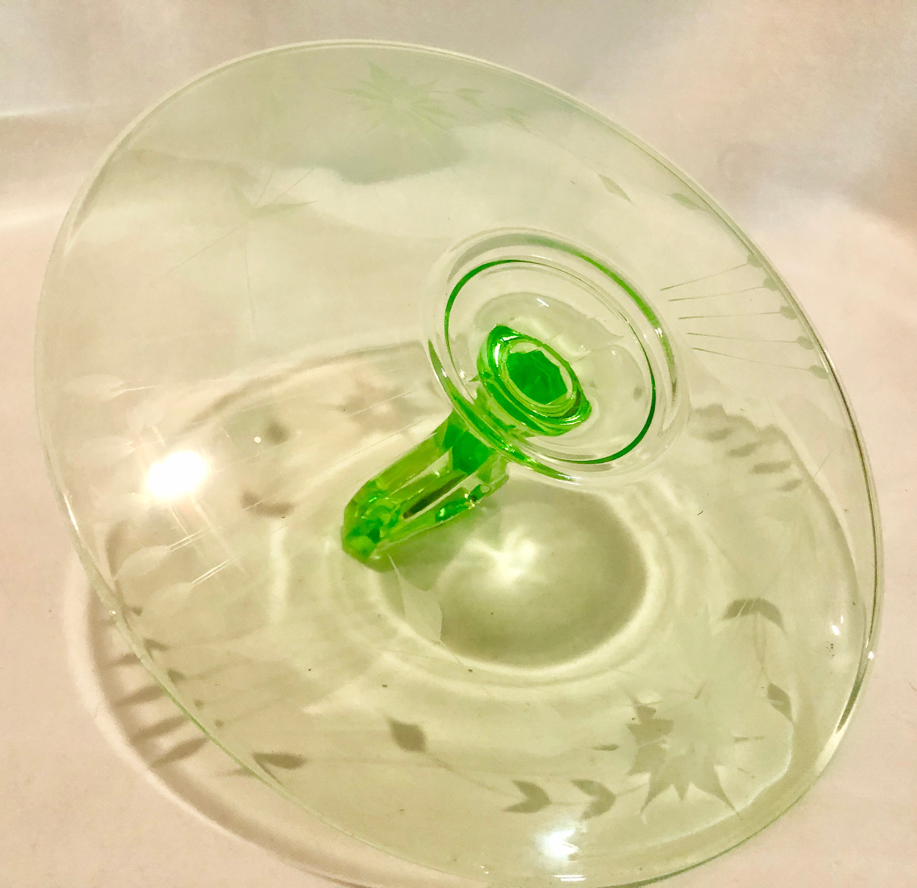 Vintage Green Vaseline/Uranium Depression Glass Serving Dish with Handle