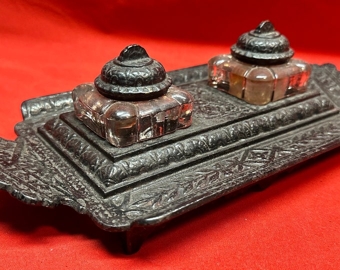 Vintage Black Cast Iron Double Ink Well with Two Clear Glass Inks with Metal Lids