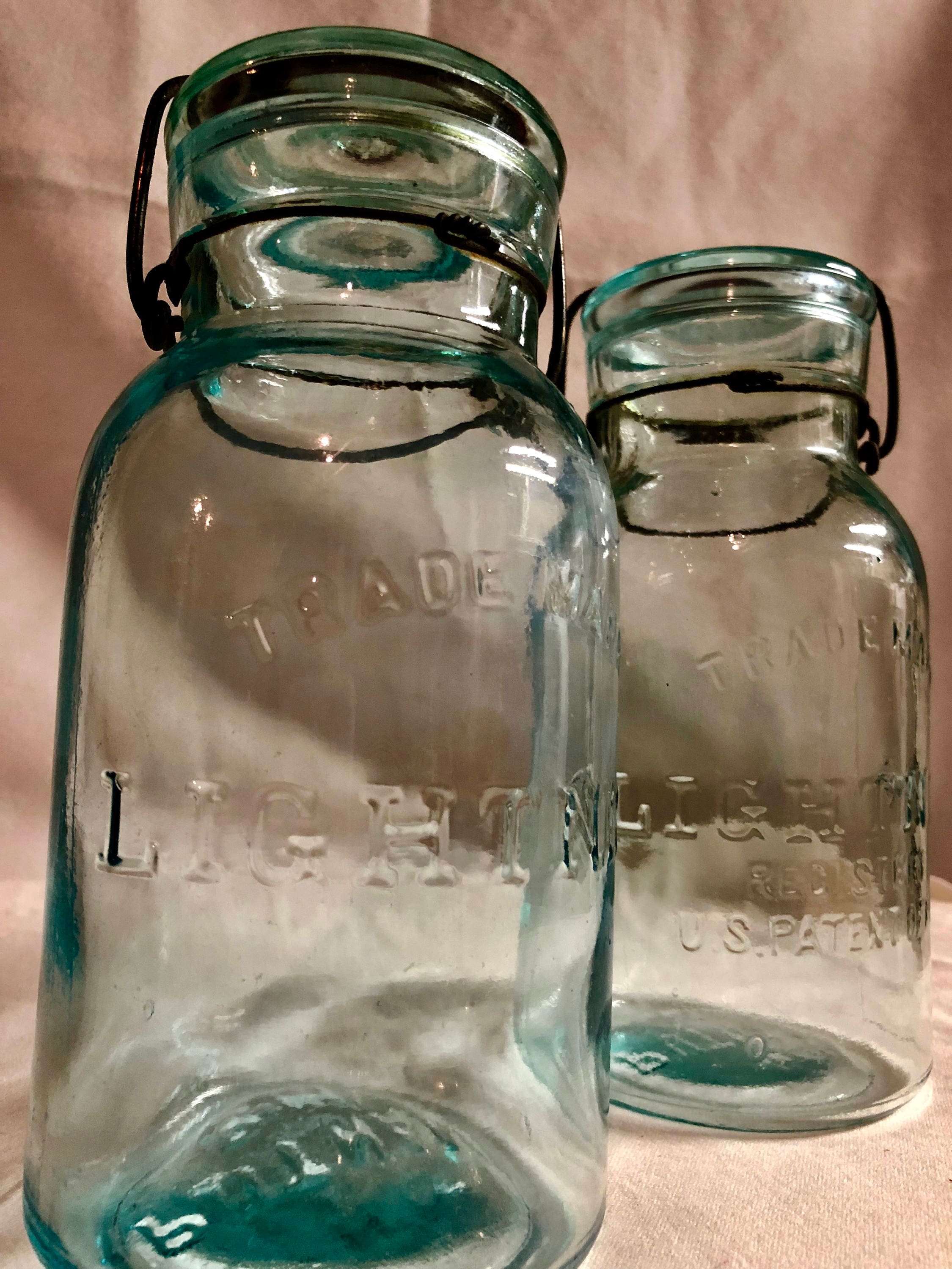 Antique Green Tinted Lightening Fruit/Canning Glass Jars