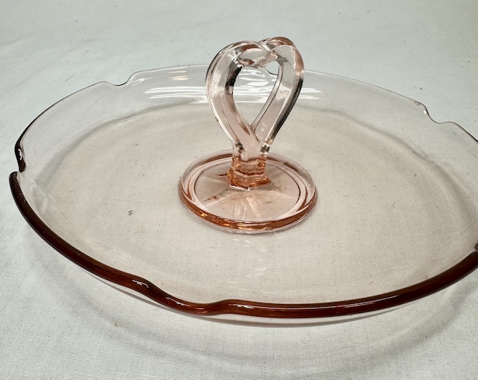 Vintage Blush Pink Depression Glass Candy/Bonbon Dish with Heart Shaped Handle, Circa 1930s