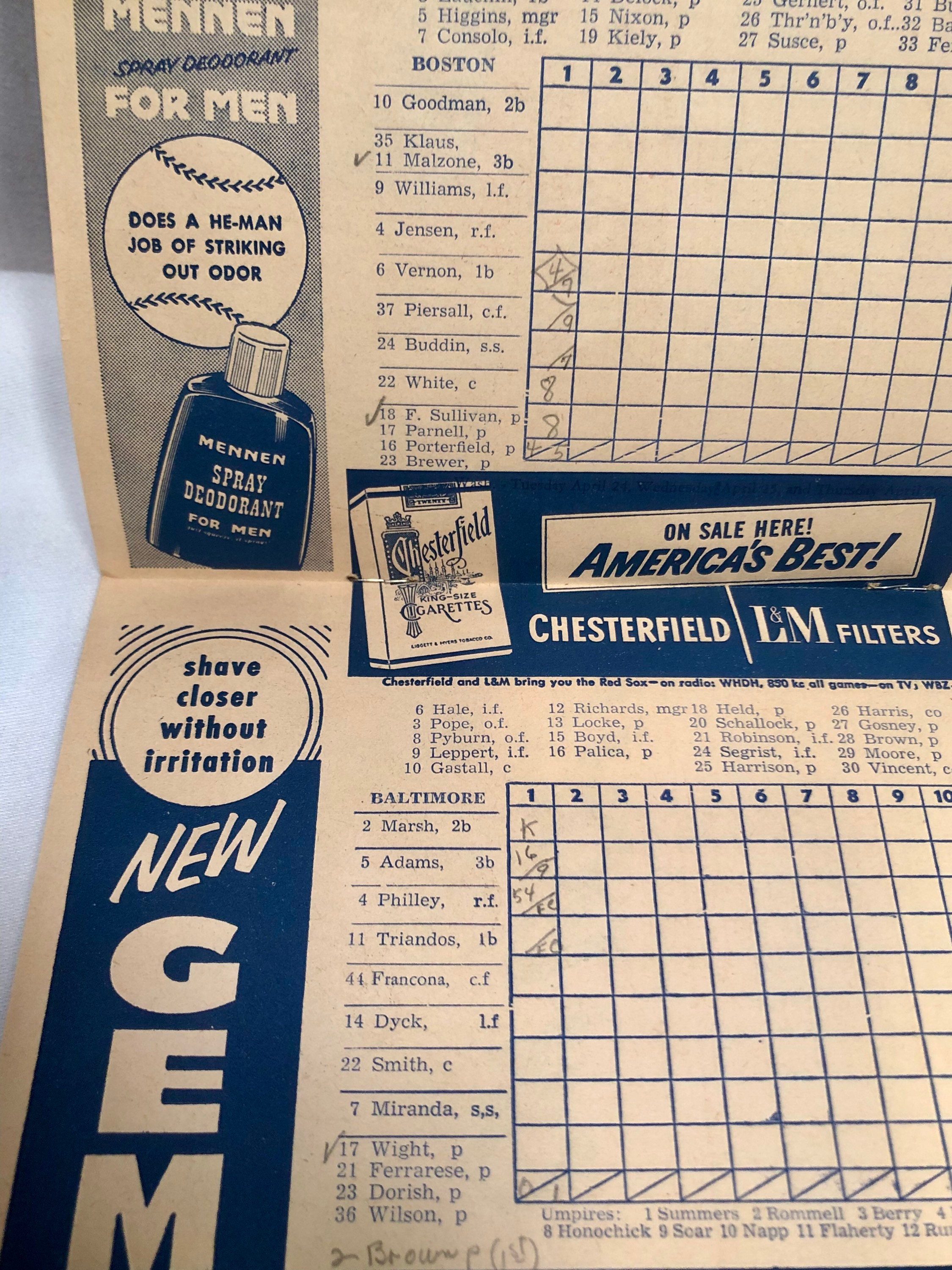 Vintage 1956 Boston Red Sox Official Scorecard/Program (VS Baltimore