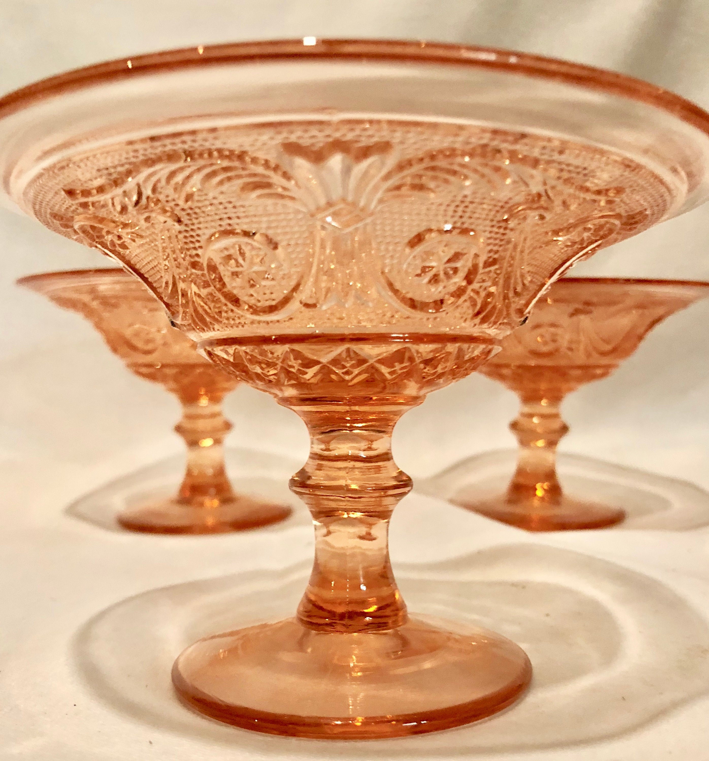 Antique Blush Pink Depression Glass Scroll Pattern Pedestal Dessert