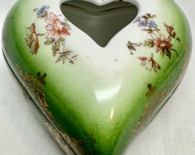 Vintage Green Porcelain  Heart Shaped Hair Receiver/Jewelry Box with Floral Pattern