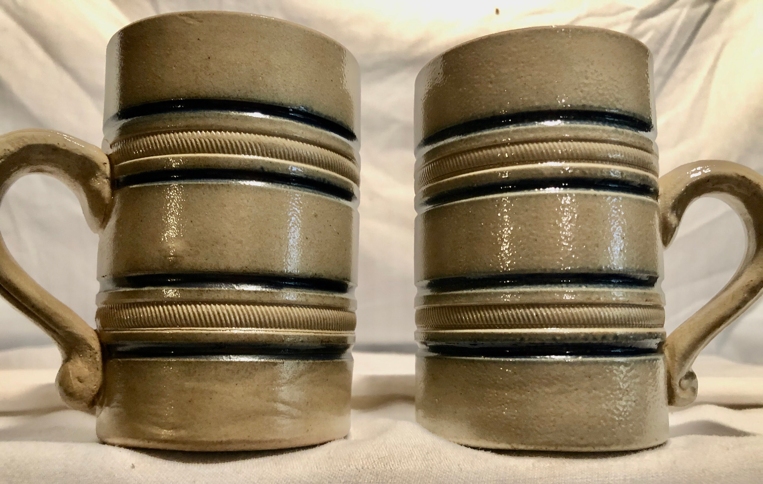 Antique Stoneware Ale/Beer Mugs with Blue Cobalt Striping by Schustern