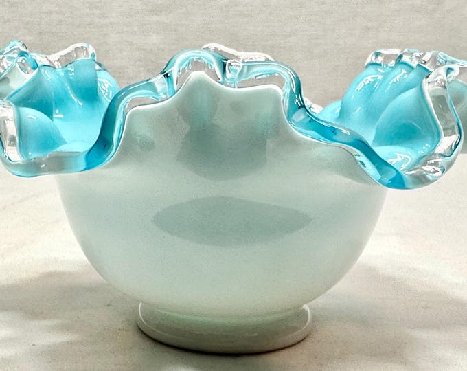 Vintage Fenton Art Glass Blue and White Bowl with Ruffled Edge