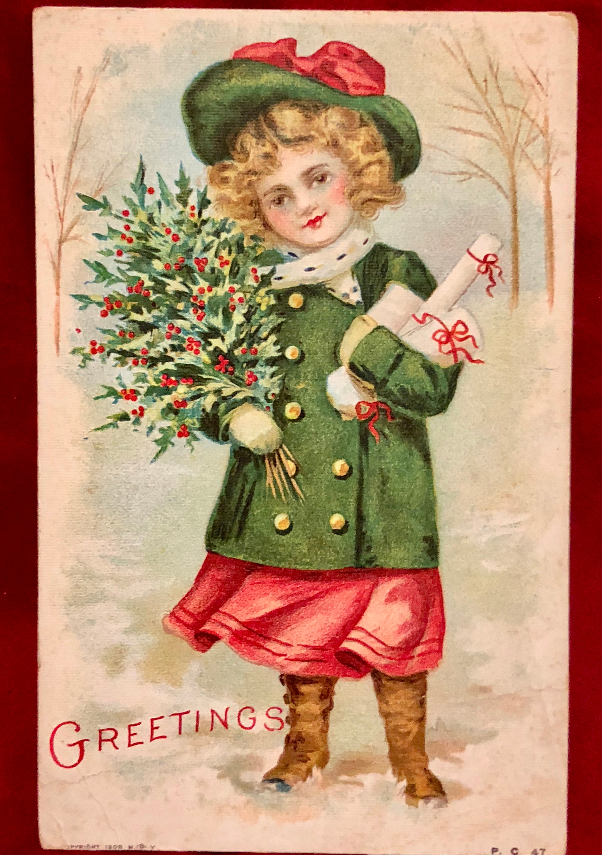 Vintage Unused Christmas Postcard with Victorian Child circa 1908