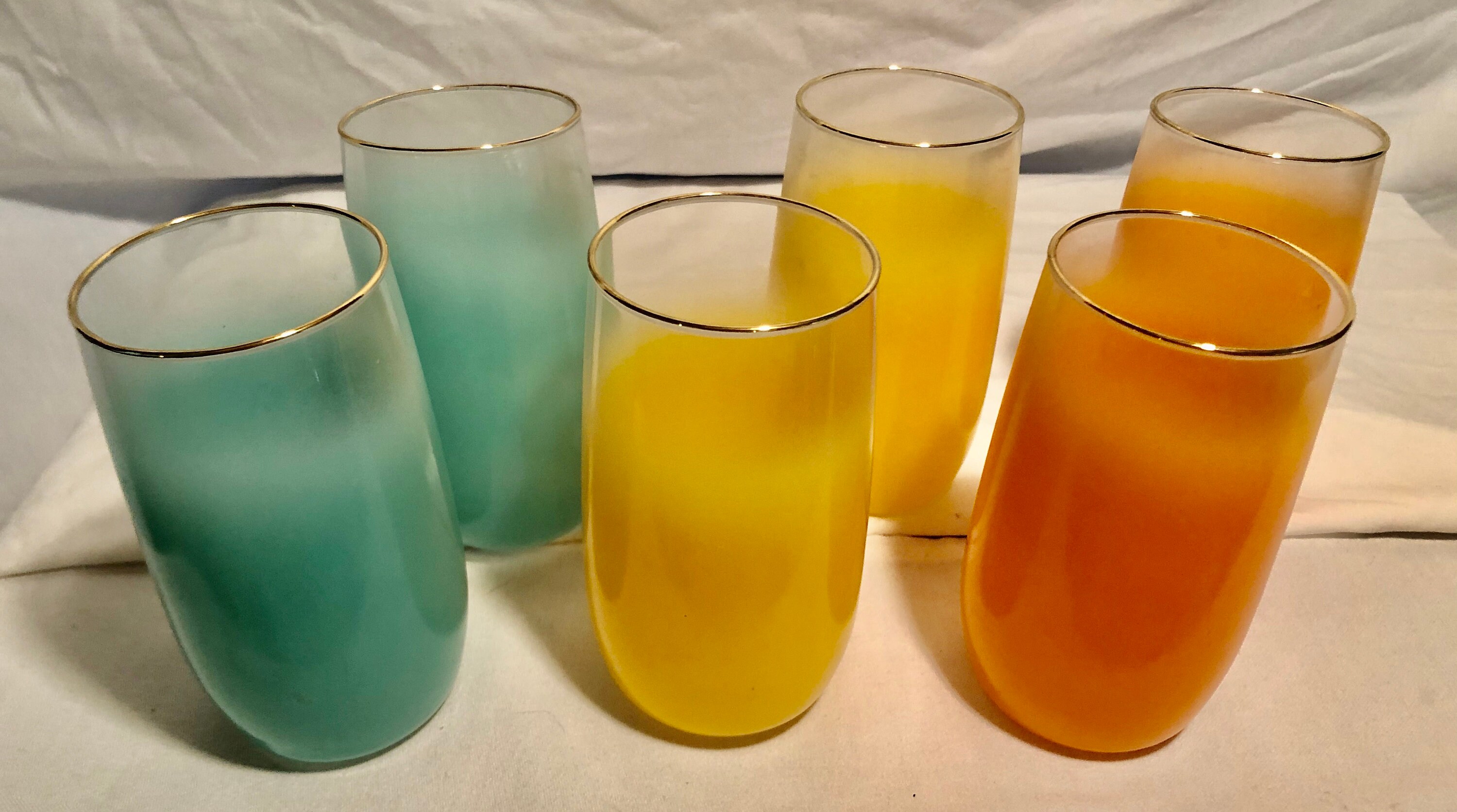 Vintage Drinking/Water/Juice Glasses Set of Six Orange,Teal,Yellow