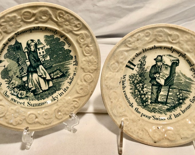 Antique Children's Poem Transfer-Printed Toy Plates,Set of Two, John Thomson of Annfield Pottery, Glasgow, Scotland, circa 1840's