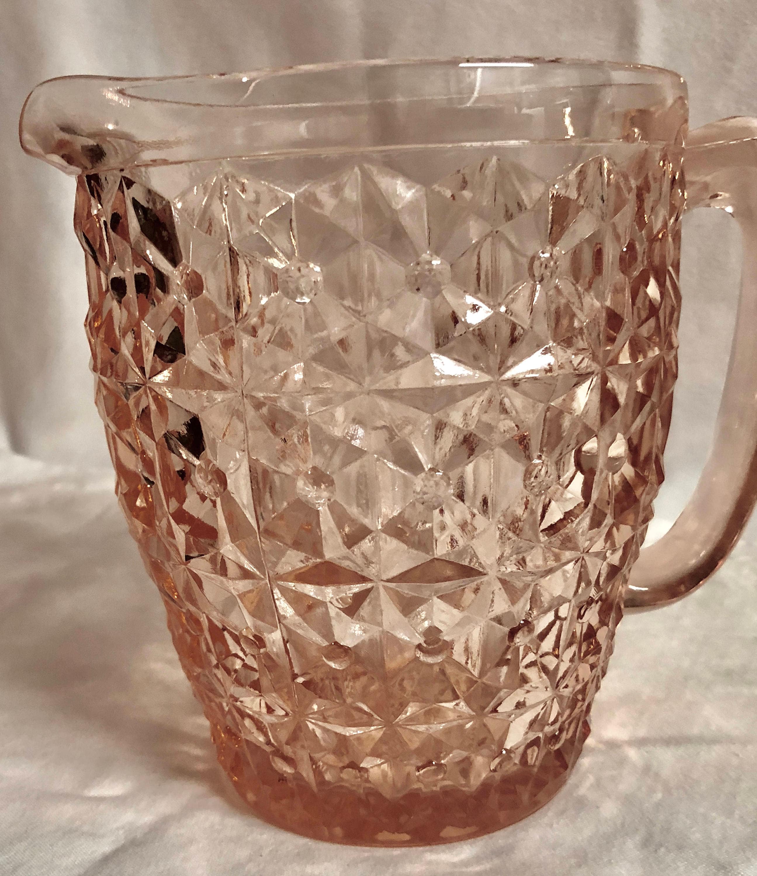 Antique Blush Pink 'Holiday' Buttons and Bows Depression Glass Pitcher