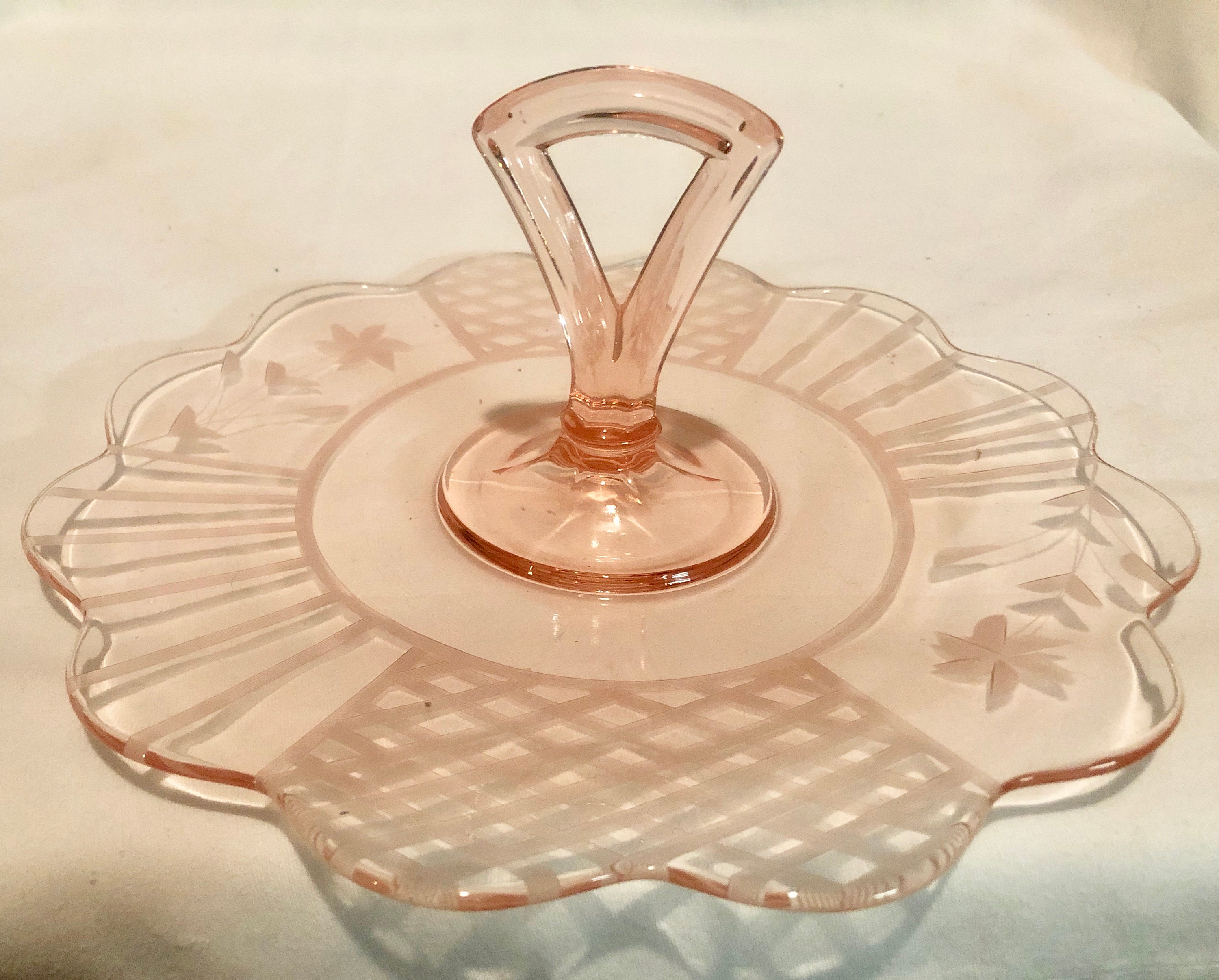 Vintage Blush Pink Depression Glass Serving Plate with Carry Handle
