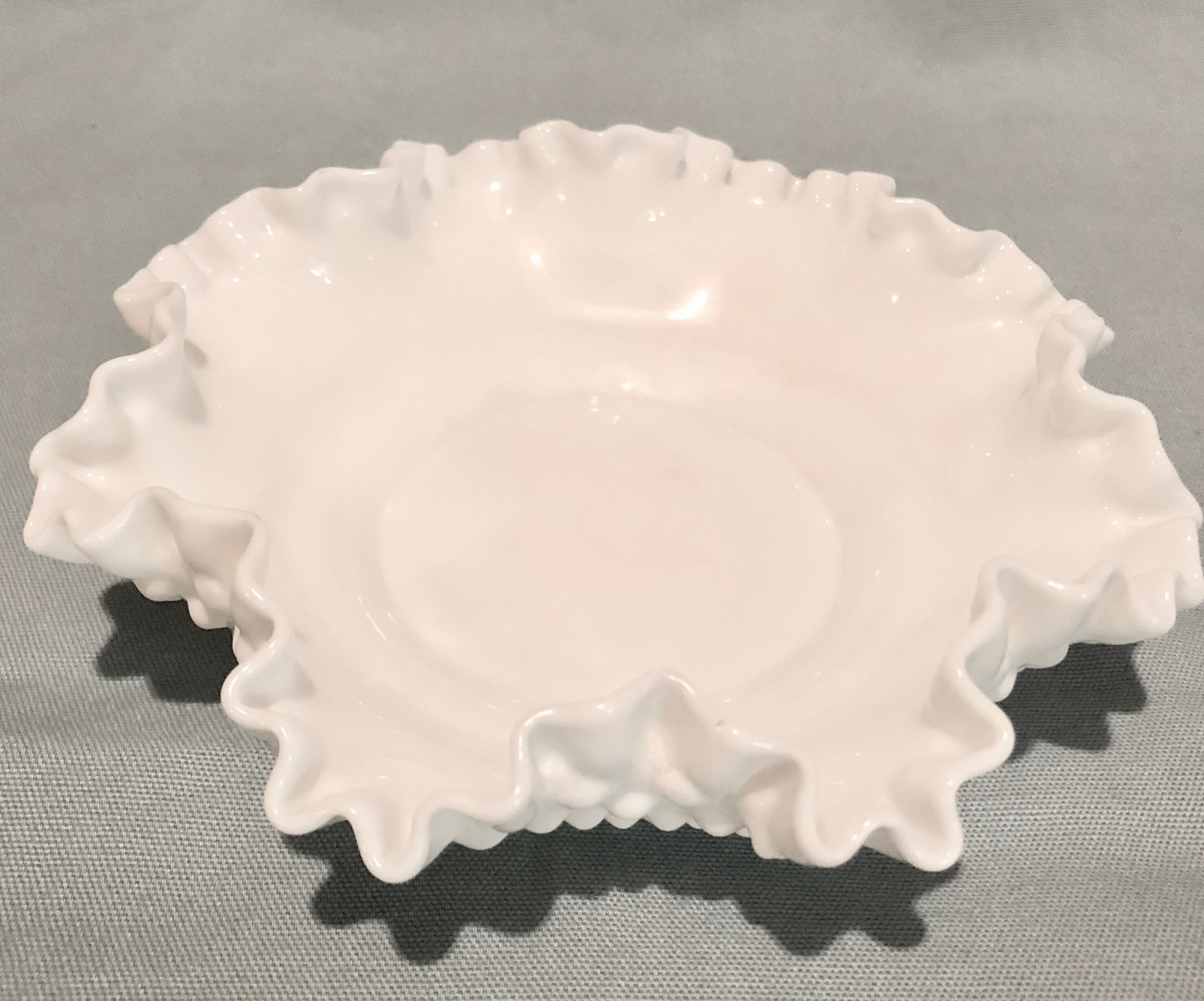 White Milk Glass Hobnail Bowl with Ruffled Edge