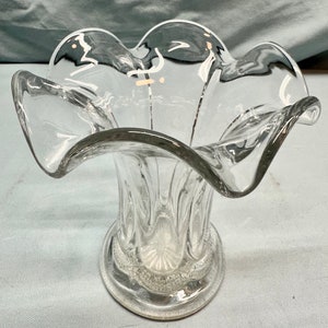 Vintage Clear Cut Depression Glass Vase With Ruffled Edge and Diamond Swag Pattern
